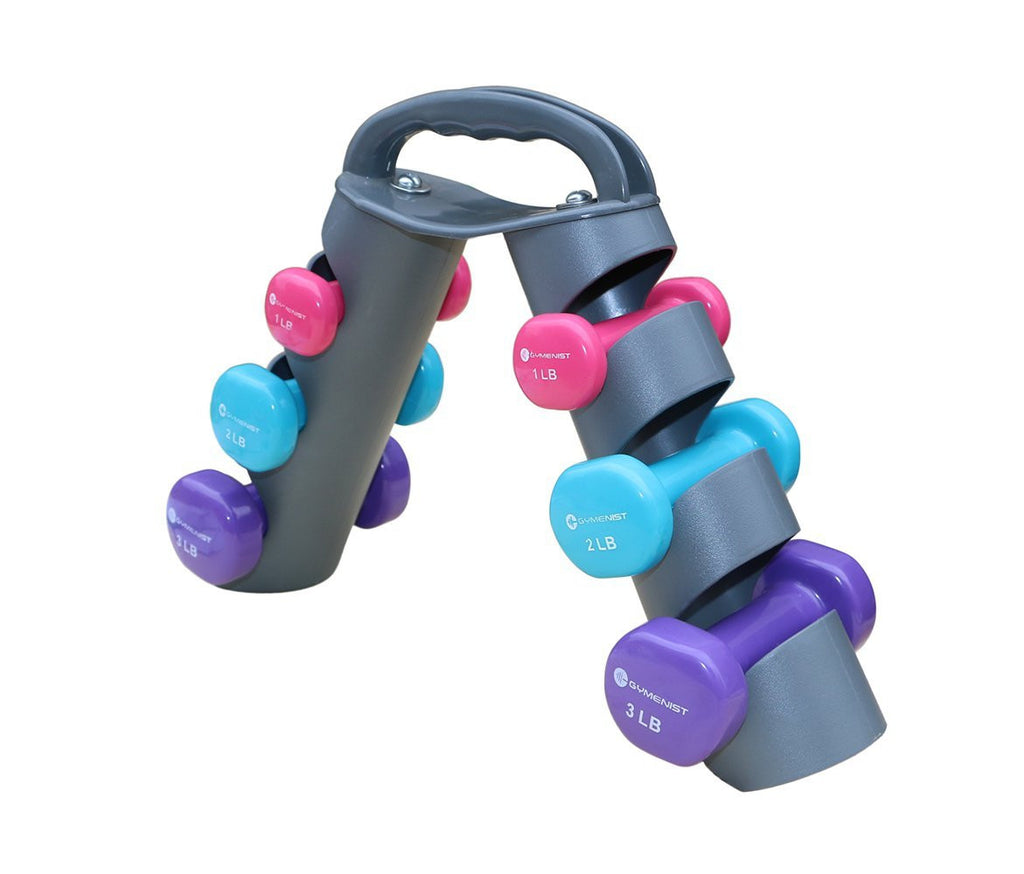 GYMENIST Dumbbell Set of 6 Total Dumbbells With Foldable Rack That Can Stand For Display or Folded For Travel And Storage These Weights (Set Includes 3 Pairs)