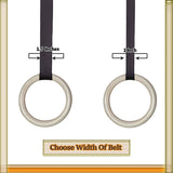 Gymenist Pair of Wood Gymnastics Gym Rings Set of 2 Workout Exercise Hoops with Bands And Buckles Choose Width of Belt