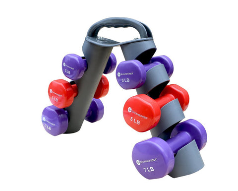 GYMENIST Dumbbell Set of 6 Total Dumbbells With Foldable Rack That Can Stand For Display or Folded For Travel And Storage These Weights (Set Includes 3 Pairs)