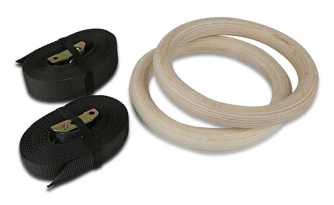 Gymenist Pair of Wood Gymnastics Gym Rings Set of 2 Workout Exercise Hoops with Bands And Buckles Choose Width of Belt